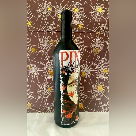 Upcycled Decoupage Pinhead Hellraiser Halloween Horror Decorated Wine Bottle - Picture 4 of 6